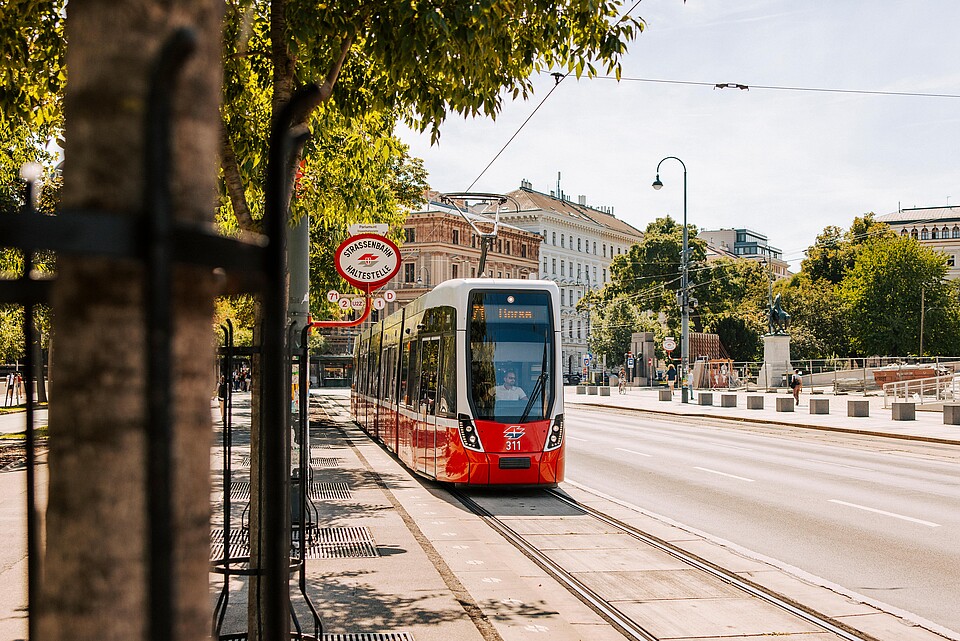 Vienna Public Transport A 71 tram arriving at a station on the Ring Street in Vienna
